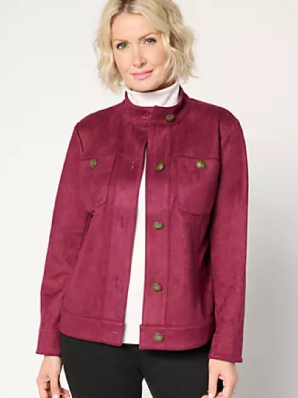 Susan Graver Faux Suede Jacket – Burgundy Wine, Snap Front, Pockets, Size Small